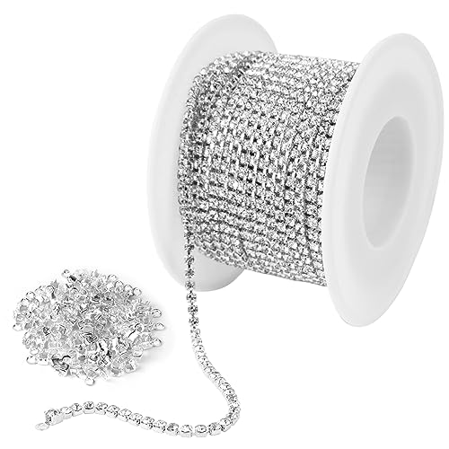 Ticeed 1 Kristall Strasskette 10m*2mm Klar Trimmen Krallenkette zum Basteln DIY Schmuckherstellung mit 100 Karabinerverschluss Strasssteine zum Aufnähen Borte Band Glitzer Basteln (Silber&Kristall) von Ticeed