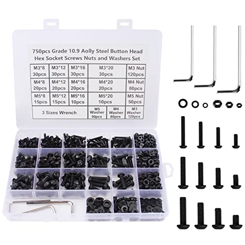 Ticeed 750Pcs Schrauben Muttern Sortiment Set Kohlenstoffstahl Innensechskant M3 M4 M5 Gewindeschrauben Dübel Set mit Unterlegscheiben Innensechskantschlüsseln in Sortimentskasten (Schwarz 250 Set) von Ticeed