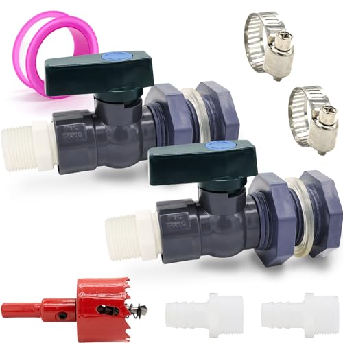 2 Stück Regentonne Zapfhahn Set PVC Regentonnen Ventile(25mm+16mm) mit Schottverschraubung und Schlauchadapter und Lochsäge Schlauchschellen Wasserhahn Regentonne Set für Aquarien, Pools, Gartenfässer von TiciKim