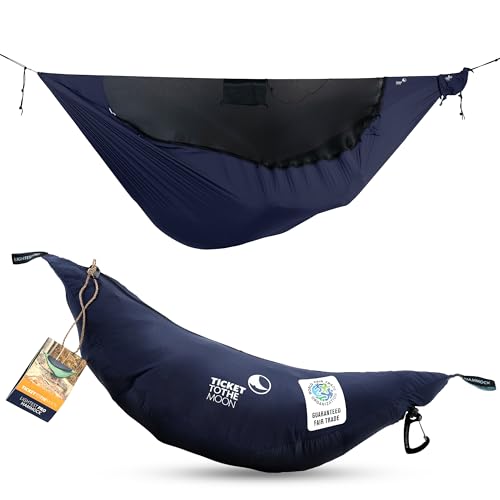 Lightest PRO-Hängematte - Ultraleicht (590 g), Kompakt (325 cm x 140 cm) - inkl. Insektenschutz & integrierter Ridgeline - variierbare Länge (bis zu 3,1 m), Aufbewahrungssystem (Marineblau) von Ticket to the Moon