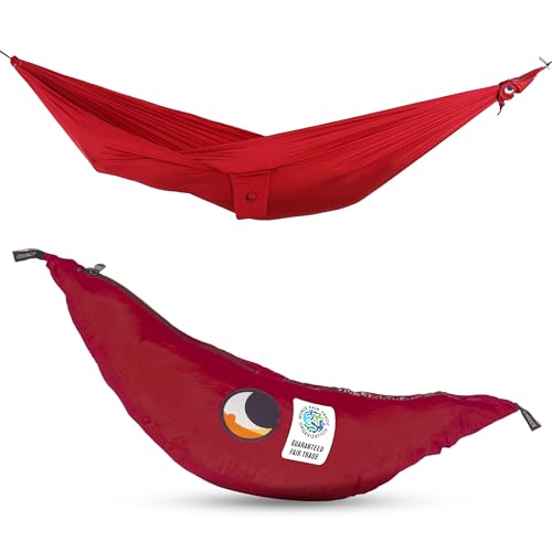 Fair Trade & handgemachte Compact-Leicht-Hängematte Burgund für Reisen, Camping und Alltag, 3,2 * 1,55m, nur 480g, aus Fallschirmseide, Set-Up < 1 min. von Ticket to the Moon