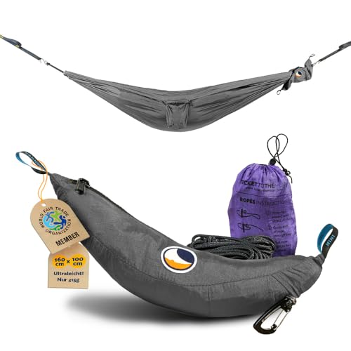 Ticket to the Moon Kinder Outdoor Hängematte Grau | aus Nylon Fallschirmseide mit 160 x 100 cm & nur 315 g - Hängematte für Kinder inklusive 6kn Minikarabiner und Seil | Original seit 1996 von Ticket to the Moon