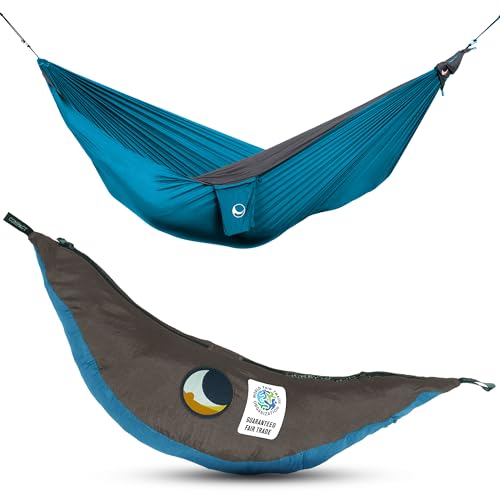 Fair Trade & handgemachte Original-1-2-Personen-Leicht-Hängematte Aqua/DUNKELGRAU für Reisen, Camping und Alltag, XL 3,2 * 2m, nur 600g, aus Fallschirmseide, Set-Up < 1 min. von Ticket to the Moon