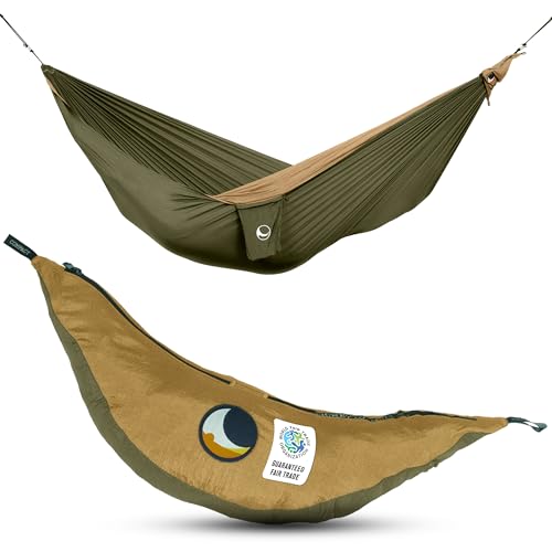 Fair Trade & handgemachte Original-1-2-Personen-Leicht-Hängematte ARMEEGRÜN/BRAUN für Reisen, Camping und Alltag, XL 3,2 * 2m, nur 600g, aus Fallschirmseide, Set-Up < 1 min. von Ticket to the Moon