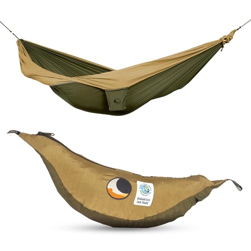 Fair Trade & handgemachte Kingsize 1-2-Personen-Leicht-Hängematte ARMEEGRÜN/BRAUN für Reisen, Camping und Alltag, XXL 3,2 * 2,3m, nur 700g, aus Fallschirmseide, Set-Up < 1 min. von Ticket to the Moon