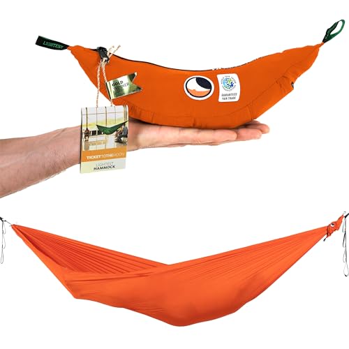 Ticket to the Moon Ultraleichte Outdoor Hängematte Orange | aus Nylon Fallschirmseide mit 320 x 140 cm & nur 228 g - Hängematte mit einfachem Aufbau inklusive 6kn Minikarabiner | Original seit 1996 von Ticket to the Moon