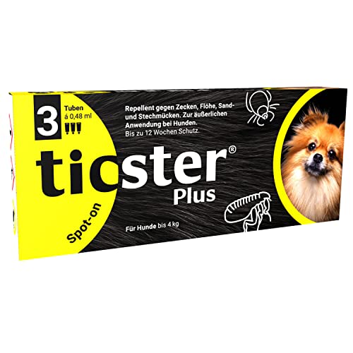 TICSTER Plus Spot-on für Hunde bis 4 kg, Floh und Zeckenmittel (Lösung zum Auftropfen, auch gegen Sand- und Stechmücken, Zeckenschutz bis zu 4 Wochen, Insektenschutz für Hunde, Inhalt: 3x 0,48ml) von TICSTER