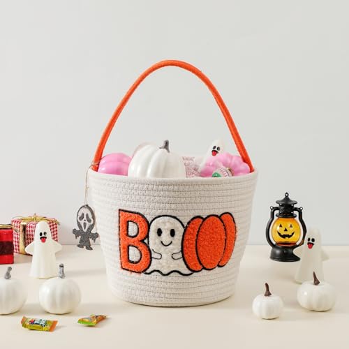 Halloween Candy Bucket Halloween Cotton Rope Woven Ghost Basket, 9.4 x 7.9 Inch Portable Orange Pumpkin Candy Boo Buckets, White Halloween Candy Bucket Halloween Cotton Rope Woven Ghost Basket, 9.4 x 7.9 Inch Portable Orange Pumpkin Candy Boo Buckets, White von Tidelit