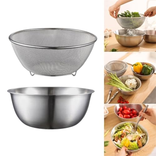 Edelstahl-Rührschüsseln und Sieb-Set zum Waschen von Obst, Gemüse, Abtropfen von Nudeln und Salat, Nesting-Design für organisierte Küche (19 cm) von Tidevib