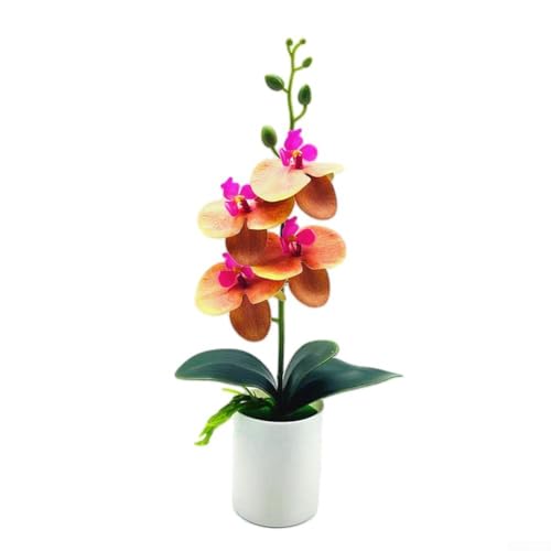 Künstliche Phalaenopsis Orchidee Bonsai Pflanze mit lebensechtem Aussehen, dekorative künstliche Topfpflanze geeignet für Zuhause, Büro, Schreibtisch oder Tischdekoration (orange) von Tidevib