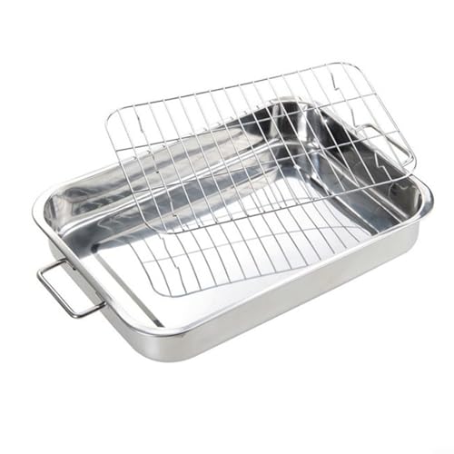 Tidevib Edelstahl-Bräter mit abnehmbarem Grillrost, tiefes Ofenblech für Truthahn und Gemüse, hochglanzpoliert, mehrere Größen (42 x 32 x 6,5 cm) von Tidevib