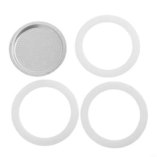 Tidevib Ersatz-Set für Kaffeemaschine, 3 Silikon-Dichtungsringe plus 1 Aluminium-Filternetz für Herd, Espresso, Mokkakanne, mehrere Größen für Espressozubereitung (3 Tassen) von Tidevib