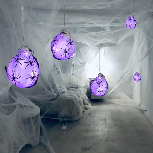 Tidevib Halloween leuchtende Spinne Ei Dekorationen mit LED-Lichtern Spinnennetz Set Gruselige Party Ornamente Lila Outdoor Indoor Decor von Tidevib