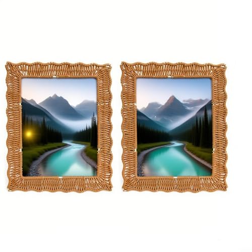 Tidevib Handgefertigter Boho-Rattan-Bilderrahmen, Set mit 2 braunen Weidengeflecht, für 12,7 x 17,8 cm, Heimdekoration, 2 Stück von Tidevib