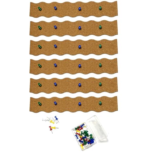 Tidevib Korktafelstreifen, 6 Stück mit 50 Pinnnadeln, 30 x 5 cm, rahmenlose Pinnwand für Wände, dicker Holzkork für Notizen, Fotos, Memos im Zuhause, Büro, Klassenzimmer, Küche von Tidevib