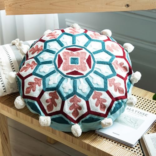 Tidevib Marokko traditioneller handbestickter runder Kissenbezug aus Baumwoll-Leinen-Mischgewebe, Kissenbezug für Wohnzimmer, Sofa, Dekoration, Durchmesser 45 cm (6) von Tidevib