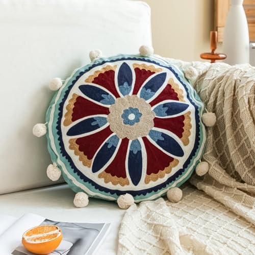 Tidevib Marokko traditioneller handbestickter runder Kissenbezug aus Baumwoll-Leinen-Mischgewebe, Kissenbezug für Wohnzimmer, Sofa, Dekoration, Durchmesser 45 cm (7) von Tidevib