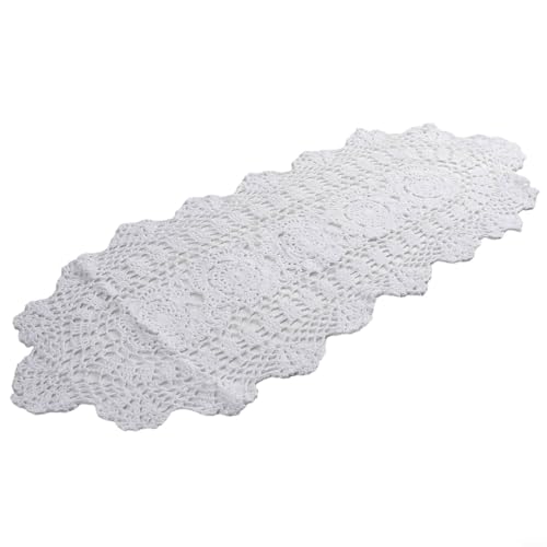 Tidevib Tischläufer aus Baumwolle, Vintage-Stil, handgefertigt, Blumenmuster, gehäkelt, für Zuhause, Esszimmer, Dekoration, ovale Form, 30 x 80 cm, maschinenwaschbar (weiß) von Tidevib
