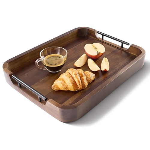 Serviertablett aus Akazienholz, rechteckiges Serviertablett aus Holz mit Griffen, Ottoman-Tablett für Wohnzimmer, Servierplatte, Ottomanentisch, Akazienholz-Tablett mit erhöhtem Rand, Walnussfarbe von Tidita
