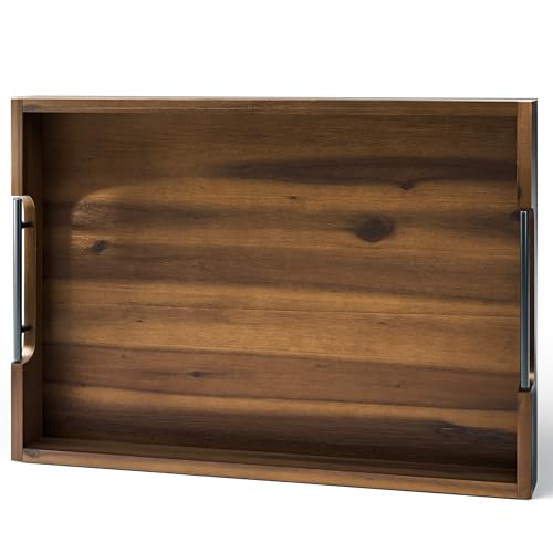 TIDITA Ottoman-Tablett aus Akazienholz mit Metallgriff, quadratisches Serviertablett aus Holz, extra große Lebensmitteltabletts für dekorativ, Couchtisch, Frühstück im Bett, Charcuterie-Tabletts von Tidita