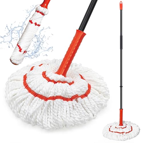 TidyBliss Bodenwischer Wischmopp, Wischer Boden mit 145 cm Langem Stiel, Selbst Wringing Mop, Microfaser Nass-Trocken-Mopp Haushalt & Gewerbe String Mopp mit Wringer für Hartholz, Fliesen, (Orange) von TidyBliss