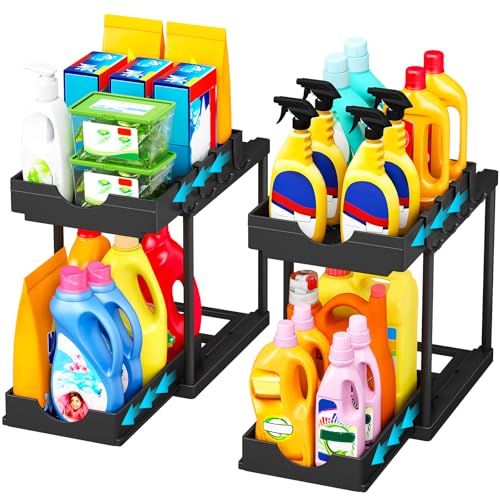 TidyTrove Spülschrank Organizer - 2 Stück Unter Waschbecken Regal Organizer mit 4 Haken,Küchen Organizer,Badezimmer Organizer,Schwarz von TidyTrove