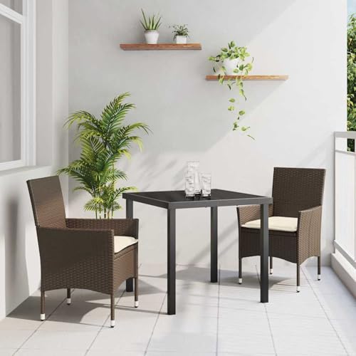 3-teilige Garten Essgruppe mit Kissen Braun Poly Rattan, Gartentisch Schwarz 80x80x73 cm Tempered Glass, Loungemöbel Set Sitzgruppe for Terrasse Hotel Loungebereich Restaurant3379779 von Tidyard