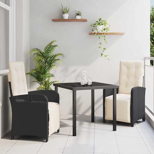 3-teilige Garten Essgruppe mit Kissen Schwarz Poly Rattan, Gartentisch Schwarz 80x80x73 cm Temperiertes Glas, Loungemöbel Set Sitzgruppe for Terrasse Hotel Loungebereich Restaurant3380302 von Tidyard