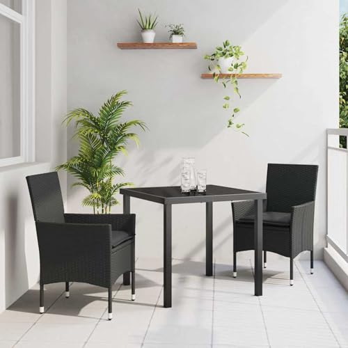 3-teiliges Garten Essgruppe mit Kissen Schwarzes Poly-Rattan, Gartentisch Schwarz 80x80x73 cm mit, Loungemöbel Set Essgruppe Sitzgruppe for Terrasse Hotel Loungebereich Restaurant3379772 von Tidyard
