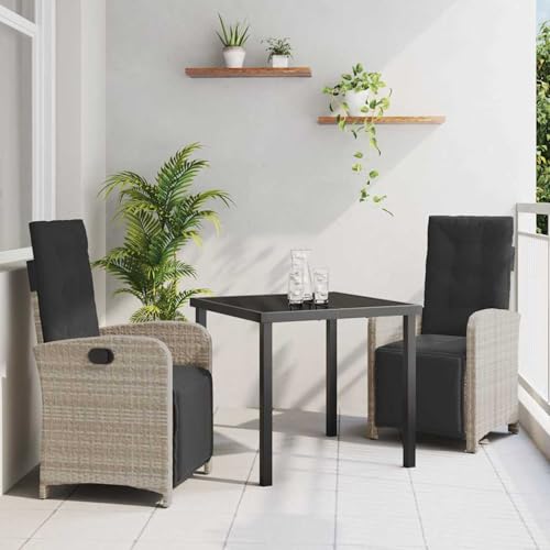 3-teiliges Garten-Essgruppen-Set mit Kissen aus hellgrauem Poly-Rattan, Gartentisch Schwarz 80x80x73 cm, Loungemöbel Set Sitzgruppe for Terrasse Hotel Loungebereich Restaurant3380344 von Tidyard