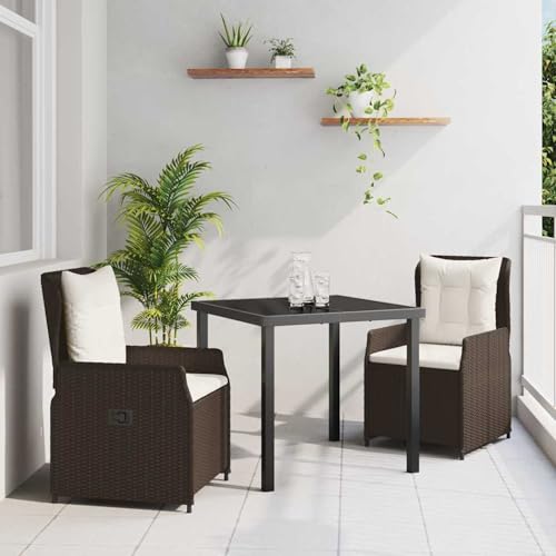 3-teiliges Garten Essset Braunes Poly-Rattan, Gartentisch Schwarz 80x80x73 cm Getempertes Glas, Loungemöbel Set Essgruppe Sitzgruppe for Terrasse Hotel Loungebereich Restaurant3380946 von Tidyard