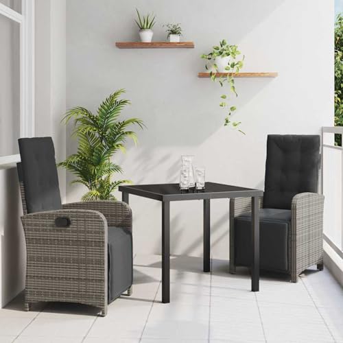 3-teiliges Garten Essset mit Polstern Grau Poly Rattan, Gartentisch Schwarz 80x80x73 cm, Loungemöbel Set Essgruppe Sitzgruppe for Terrasse Hotel Loungebereich Restaurant3380323 von Tidyard