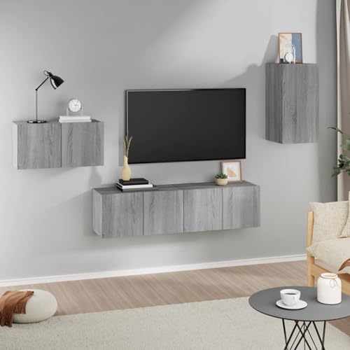 4-TLG. TV-Schrank-Set Grau Sonoma Holzwerkstoff, Wohnwand Kombination TV-Bank für Wohnzimmer Büro Home-Cinema3120261 von Tidyard