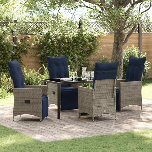 5-TLG. Garten Essset mit Kissen in Grau Poly Rattan, Gartentisch Schwarz 140x80x73 cm mit, Loungemöbel Set Essgruppe Sitzgruppe for Terrasse Hotel Loungebereich Restaurant3379599 von Tidyard