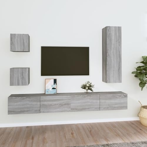 5-TLG. TV-Schrank-Set Grau Sonoma Holzwerkstoff, Wohnwand Kombination TV-Bank für Wohnzimmer Büro Home-Cinema3114452 von Tidyard