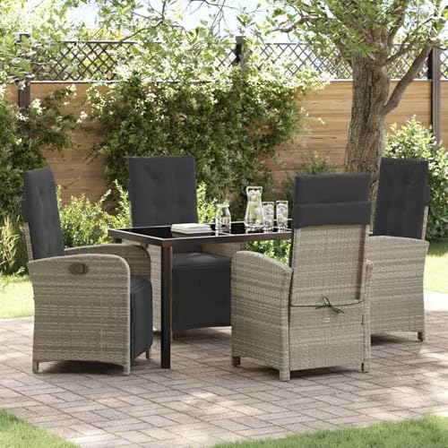 5-teilige Garten Essgruppe mit Kissen in Hellgrau aus Poly-Rattan, Gartentisch Schwarz 140x80x73 cm, Loungemöbel Set Essgruppe Sitzgruppe for Terrasse Hotel Loungebereich Restaurant3380346 von Tidyard