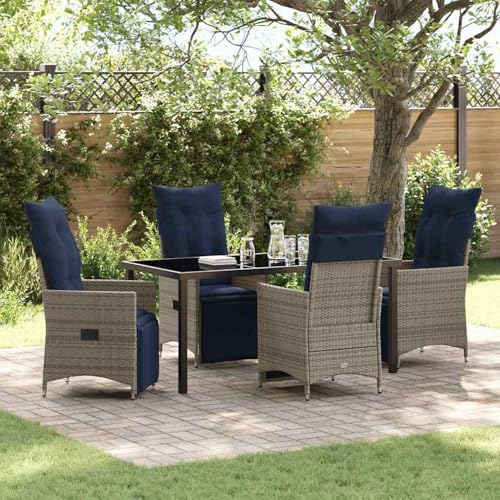 5-teilige Garten Esszimmer Set mit Kissen Graues Poly Rattan, Gartentisch Schwarz 160x80x73 cm Temperglas, Loungemöbel Set Sitzgruppe for Terrasse Hotel Loungebereich Restaurant3379600 von Tidyard