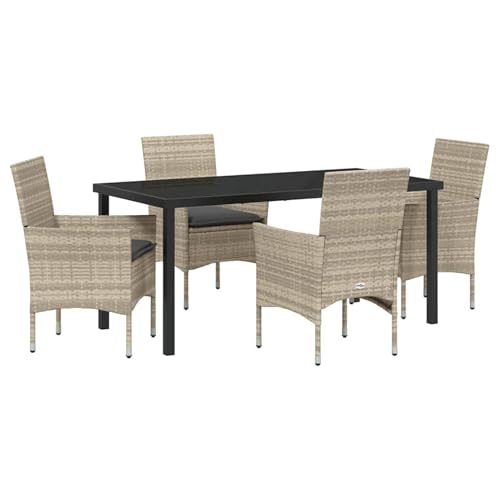 5-teiliges Garten ESS-Set mit Kissen in Hellgrau Poly-Rattan, Gartentisch in Schwarz 160x80x73 cm mit, Loungemöbel Set Essgruppe Sitzgruppe for Terrasse Hotel Loungebereich Restaurant3379810 von Tidyard