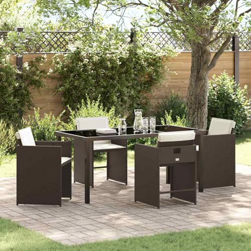 5-teiliges Garten-ESS-Set mit Kissen in braunem Poly-Rattan, Loungemöbel Set Essgruppe Sitzgruppe for Terrasse Hotel Loungebereich Restaurant3379986 von Tidyard