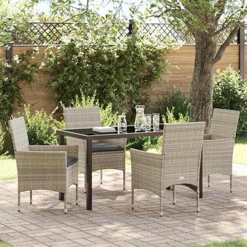 5-teiliges Garten Essgruppe mit Kissen in Hellgrau, Gartentisch in Schwarz (140x80x73 cm) aus, Loungemöbel Set Essgruppe Sitzgruppe for Terrasse Hotel Loungebereich Restaurant3379809 von Tidyard