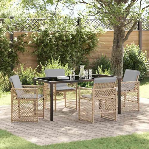 5-teiliges Garten-Essgruppen-Set mit Polsterung Beige Poly-Rattan, Gartentisch Schwarz 160x80x73cm, Loungemöbel Set Essgruppe Sitzgruppe for Terrasse Hotel Loungebereich Restaurant3380643 von Tidyard