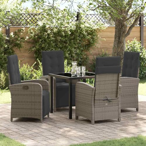 5-teiliges Garten Essset mit Kissen Grau Poly Rattan, Gartentisch Schwarz 80x80x73 cm, Loungemöbel Set Essgruppe Sitzgruppe for Terrasse Hotel Loungebereich Restaurant3380324 von Tidyard