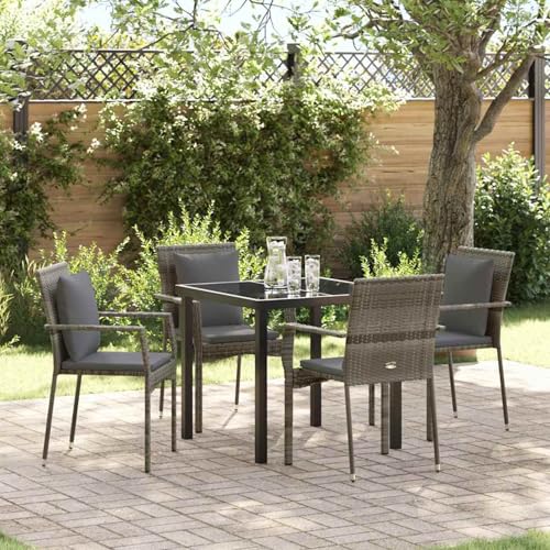 5-teiliges Garten-Essset mit Polstern Grau Poly Rattan, Loungemöbel Set Essgruppe Sitzgruppe for Terrasse Hotel Loungebereich Restaurant3380086 von Tidyard