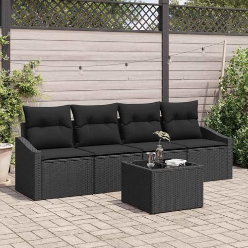 5-teiliges Garten-Esstisch-Set mit Kissen Schwarz Poly Rattan, Loungemöbel Set Essgruppe Sitzgruppe for Terrasse Hotel Loungebereich Restaurant3355262 von Tidyard