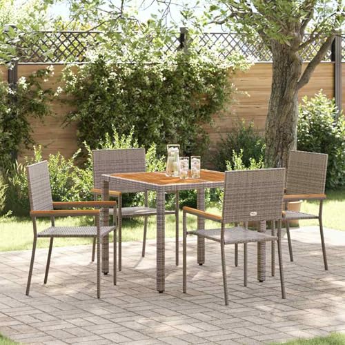 5-teiliges Garten Esszimmer Set Grau Poly Rattan, Stapelbare Gartenstühle mit Kissen 2 Stück Grau Poly Rattan, Loungemöbel Set Sitzgruppe for Terrasse Hotel Loungebereich Restaurant3365405 von Tidyard