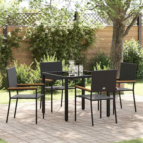 5-teiliges Garten Esszimmer Set Schwarz Poly Rattan, stapelbare Gartenstühle mit Kissen 2-teiliges Set, Loungemöbel Set Sitzgruppe for Terrasse Hotel Loungebereich Restaurant3365387 von Tidyard