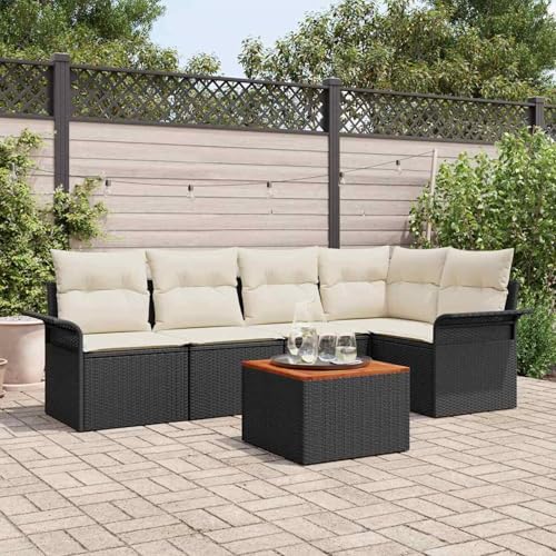 6-teiliges Garten Sofa Set mit Kissen Schwarz Poly Rattan Akazie, Outdoor Loungemöbel Sitzgruppe Essgruppe Sofa Sessel für Garten Terrasse Balkon3347327 von Tidyard