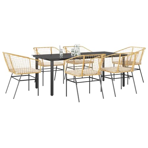 7-TLG. Garten-Essgruppe mit Kissen Braun Poly Rattan Glas, Loungemöbel Set Essgruppe Sitzgruppe for Terrasse Hotel Loungebereich Restaurant3334609 von Tidyard
