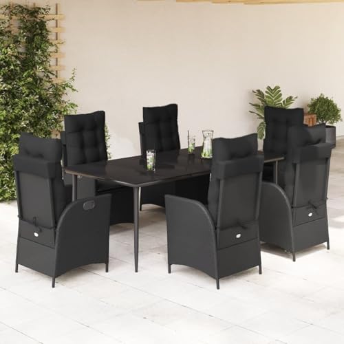 7-TLG. Garten-Essgruppe mit Kissen Schwarz Poly Rattan, Loungemöbel Set Essgruppe Sitzgruppe for Terrasse Hotel Loungebereich Restaurant3213181 von Tidyard