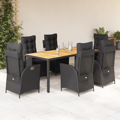 7-TLG. Garten-Essgruppe mit Kissen Schwarz Poly Rattan, Loungemöbel Set Essgruppe Sitzgruppe for Terrasse Hotel Loungebereich Restaurant3213342 von Tidyard